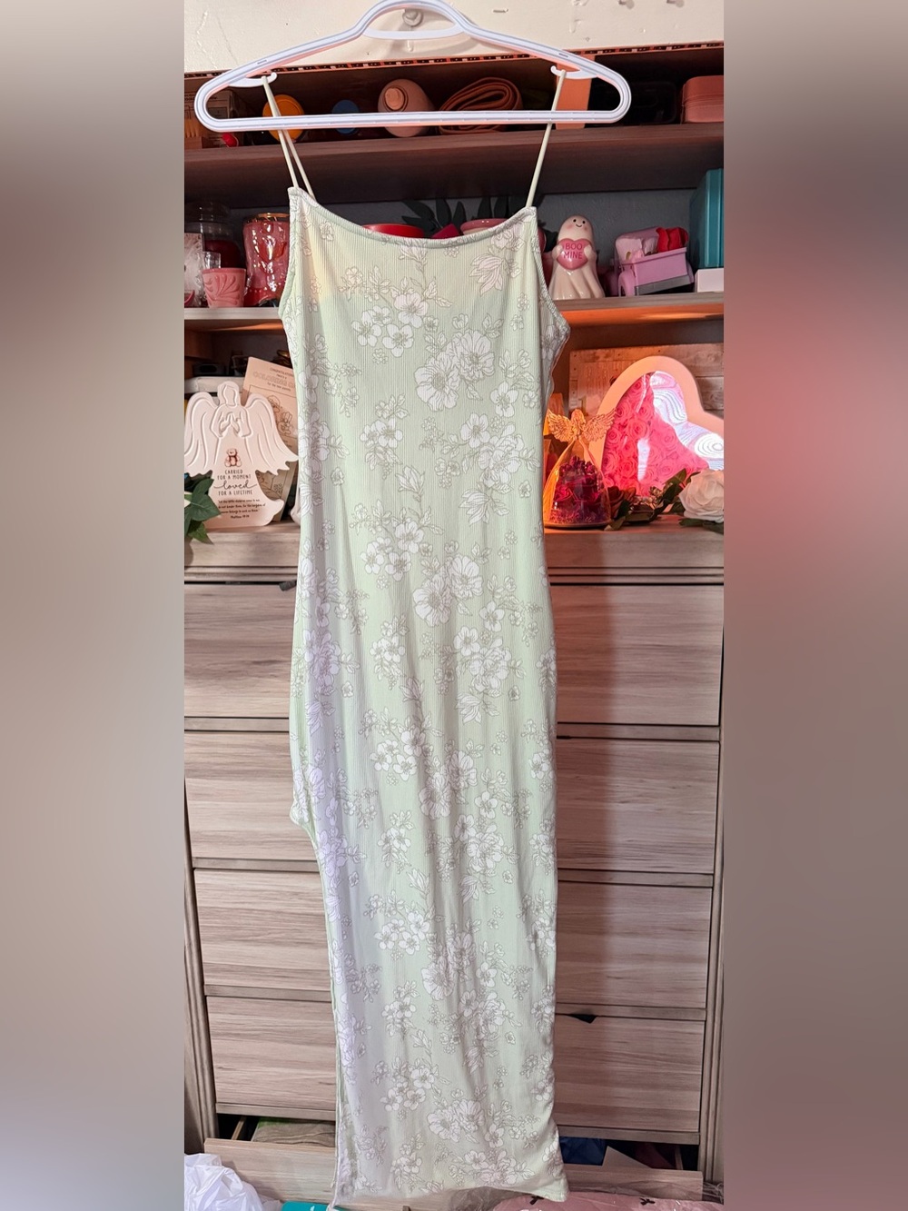 Faded Rose Light Green Floral Sleeveless Dress- Medium